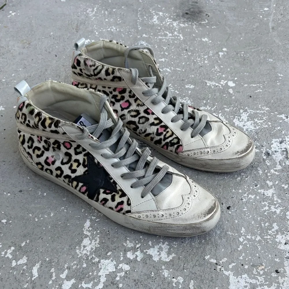 Rare distressed leopard print pony hair golden goose mid star